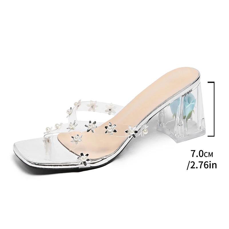 Fashion Elegant Pearl Transparent Heel Slippers Women Luxury Shiny Crystal High Heel Sandal Woman New Thick Sole Silver Slides Mujer