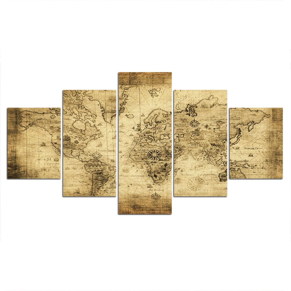 Moderní HD tištěný nástěnný umělecký rám Obrazy na plátně 5 kusů Mapa světa Malba Plakát Domácí dekorace do obývacího pokoje