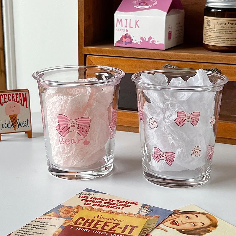 Bow Glass Cute Water Cup Cartoon Bow Glass Cup Striped Cute Doodle Coffee Mug Household Fruit Tea Lemonade Girls Gift