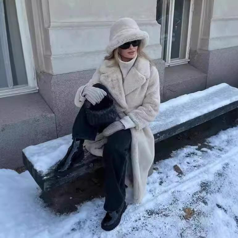 Autumn and Winter Imitation Rabbit Fur Coat Women's Russian Fur Coat Slim Fit Elongated Suit Collar Fur Jacket Women