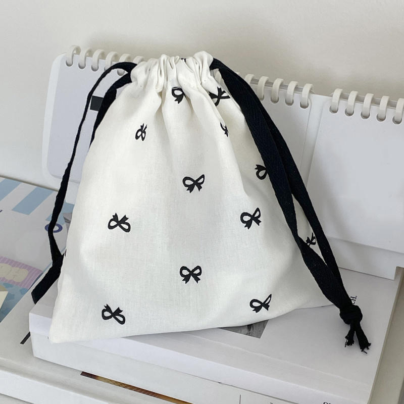 Diaper Pouch Canvas Bundle Pocket Portable Bow Printed Drawstring Storage Bag Medium Large Drawstring Hanging Bag Shopping