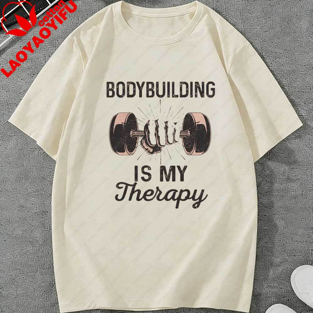 Unisexs Bodybuilding Is My Therapy Gym TShirt Vintage Dumbbell Print Casual Short Sleeve Crew Neck Tee for Fitness Fans Gift