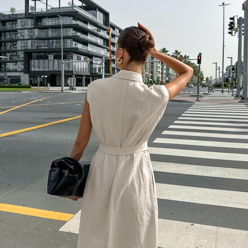 LYRIA French Style Suit Collar Belt Office Dress Fashion New Long Dress