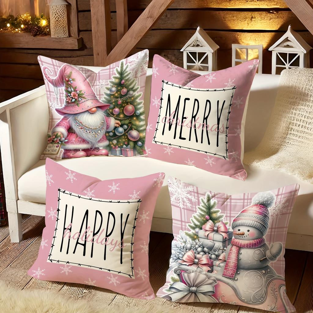 Pink Christmas Pillowcases: Gnome, Snowman & 'Merry' 'Happy' Prints for Festive Decor sofas, bedroom pillow covers
