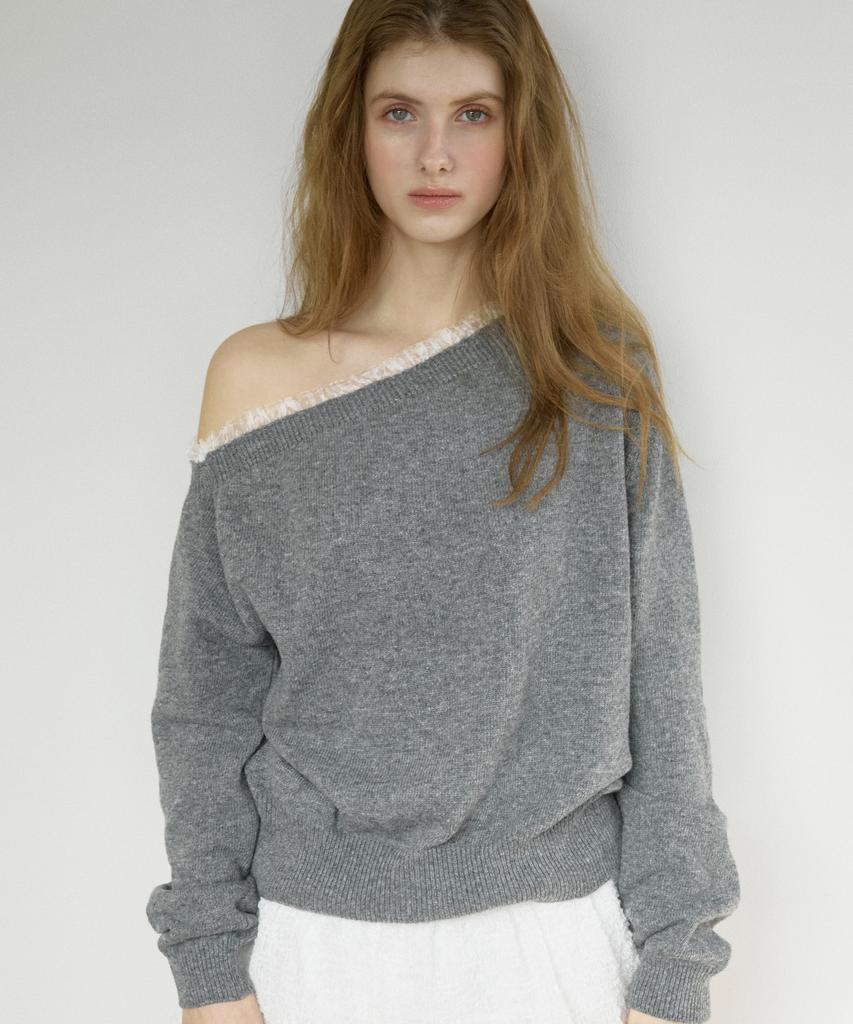 LETTER FROM MOON Faye Lace One-Shoulder Cashmere Knit (Gray)