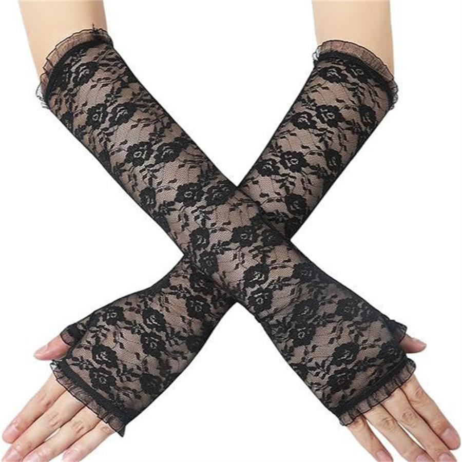 Long Lace Fingerless Gloves, Sheer Floral Arm Sleeves for Wedding & Cosplay