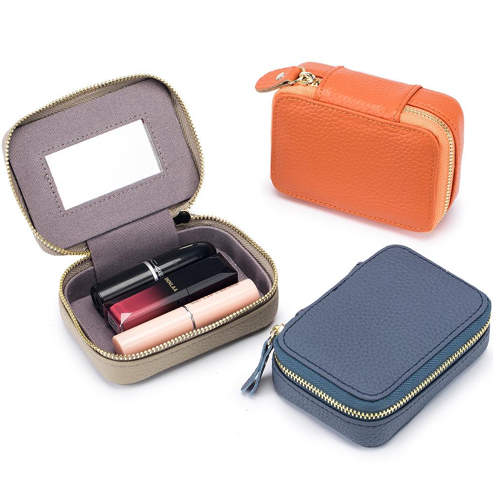 Genuine Cowhide Mini Lipstick Bag with Mirror for Women Portable Leather Storage Pouch for Coin Cash Earphone Keys Fashion Small Purse Daily Use
