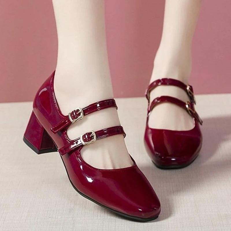Elegant Women's Chunky Heels Mary Jane Shoes Patent Leather High Heels Party Shoes Square Toe Double Ankle Strap Pumps for Women