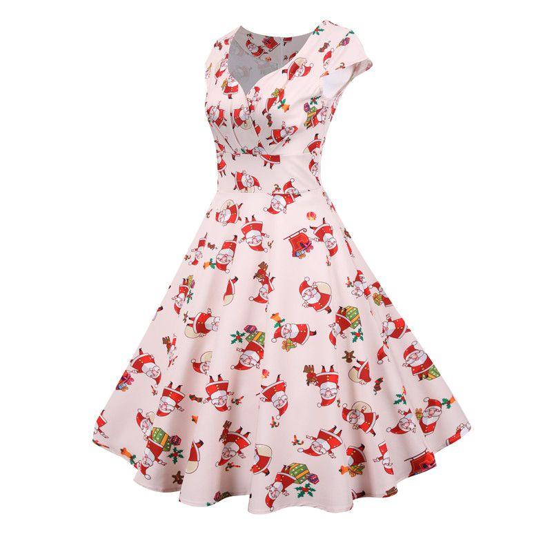 Spring New New Christmas Style V Neck Short Sleeve Print Mid Length Long Length Dress Dress Christmas Dress