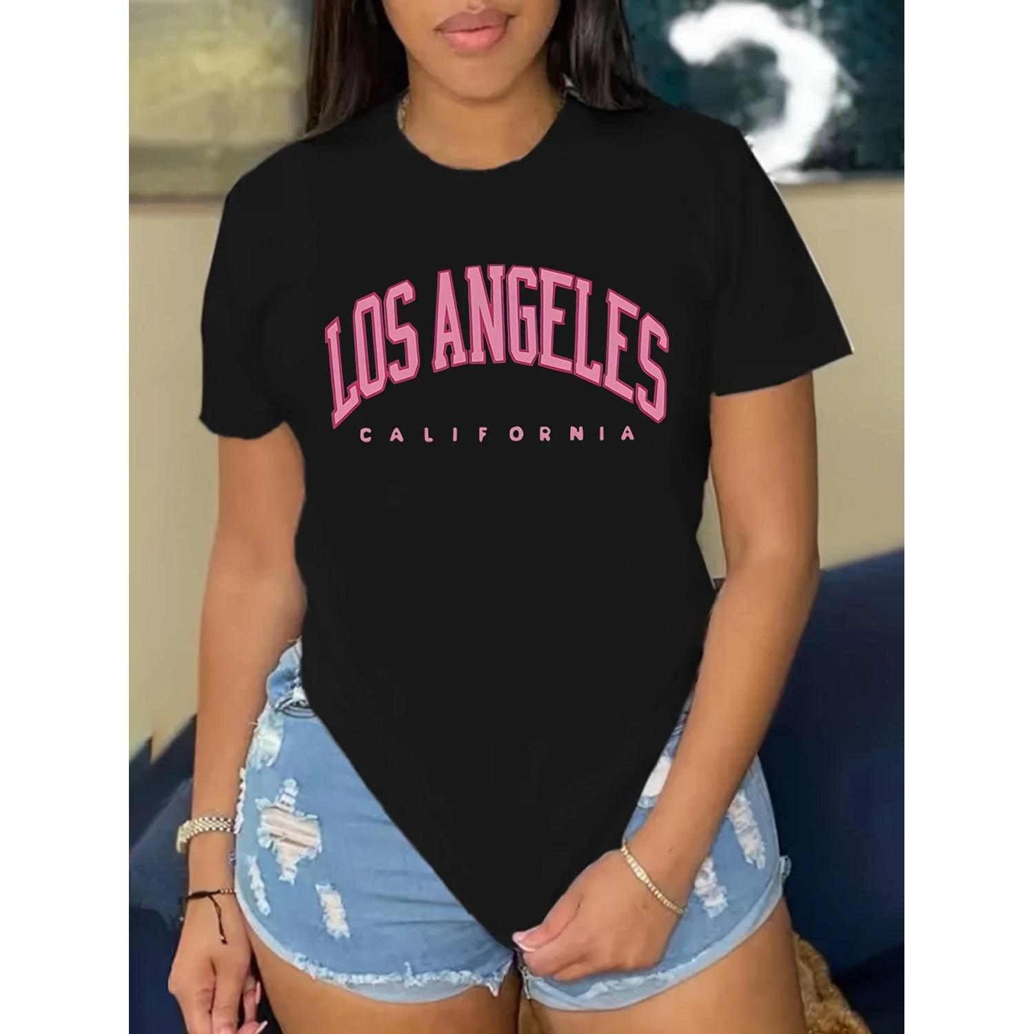

Модная футболка LOS ANGELES с принтом букв - Женский топ с коротким рукавом и круглым вырезом - Мягкий и дышащий для стильных летних и весенних дней S чёрный
