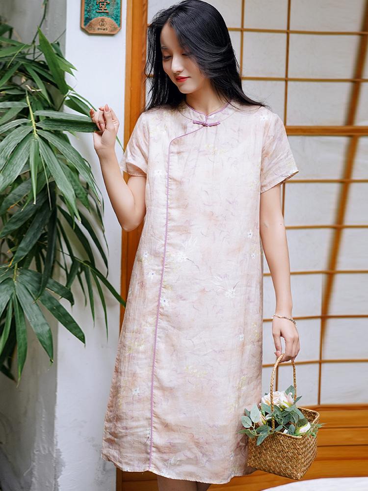 

Johnature женские повседневные платья в китайском стиле с цветочным принтом и коротким рукавом Cheongsam, летнее платье на пуговицах XL розовый