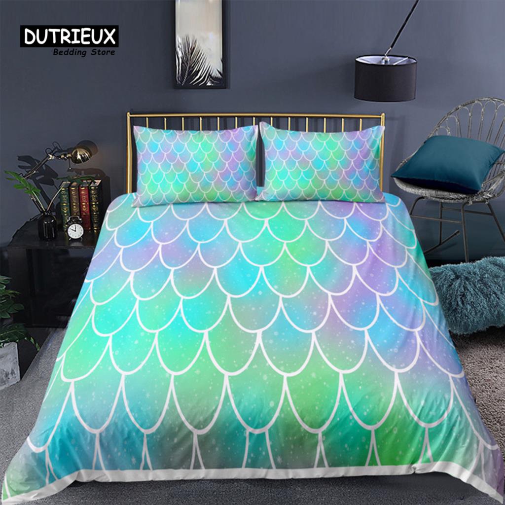 Mermaid Fish Scales Duvet Cover Magical Colorful Seamless Pattern With Fish Scale Net Print Bedding Set Microfiber Quilt Cover