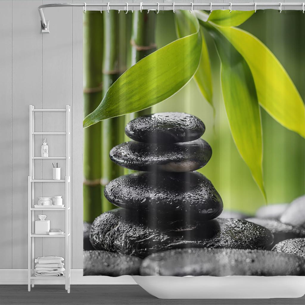 Spa Buddha Water Yoga Shower Curtain Rural Landscape Creek Stone Lotus Buddha Waterproof Polyester Bathroom Curtain with Hooks