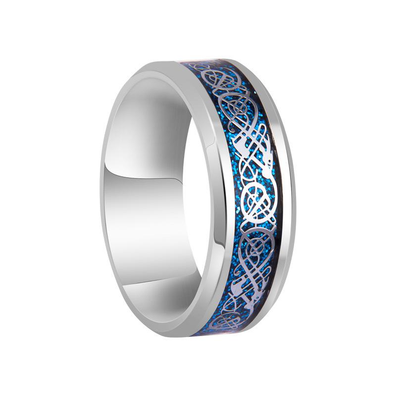 Fashion 8mm Red  Beveled Edge Stainless Steel Celtic Dragon Rings for Men  Carbon Fibre Ring Men Wedding Band