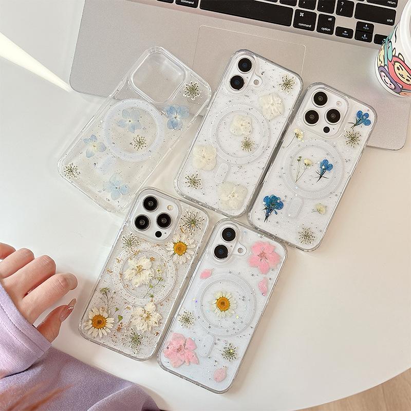 Magnetic Magsafe Phone Case for IPhone 17 Promax Flower Glitter for Apple 16 Wireless Charging 14