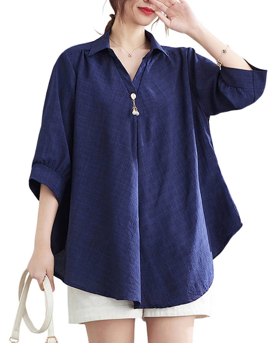 

Shirt for Short Loose Cotton Large Size [ODFMCE] Women, Sleeve, Summer, Fit, Plain, 3/4 Sleeve, Thin, Linen, Stylish, Office, (Navy, XL)