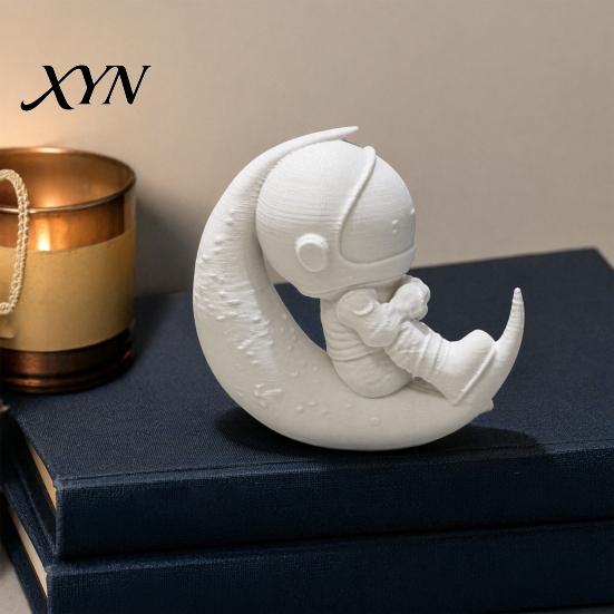 Office Desk Astronaut Figurine 3D Printed Moon Figurine, Sitting on Crescent Spaceman Ornament Statue, Desktop Decoration for Home Bookshelf Mini