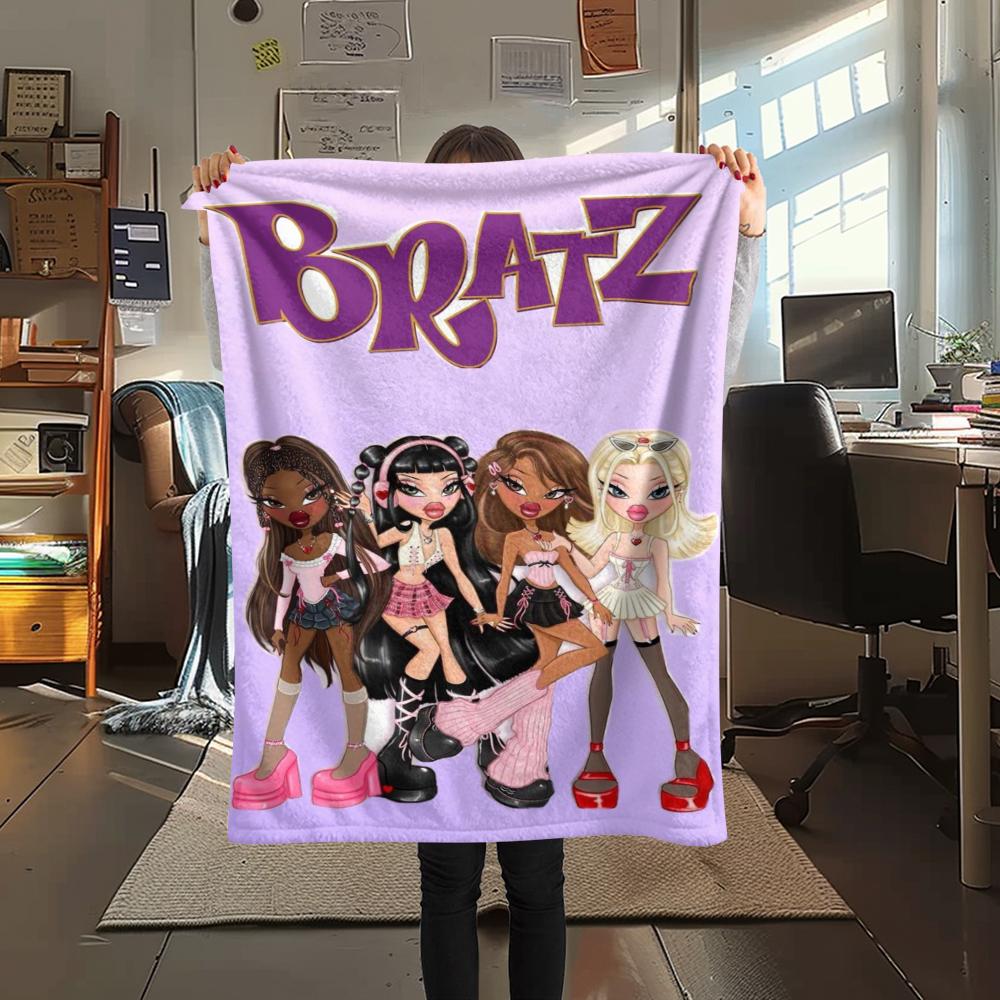 1Pc Bratz Doll Print Flannel Blanket, High quality Comfortable for All Seasons, Home Decor, Warmth and Comfort, Perfect for Gifts