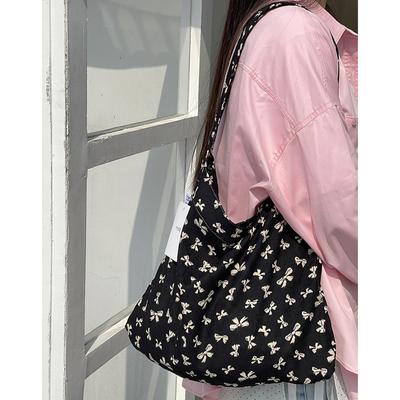 Ins Single Shoulder Floral Bag Black Bow Pink Printed Canvas Bag Student Shopping Bag Tote Bag