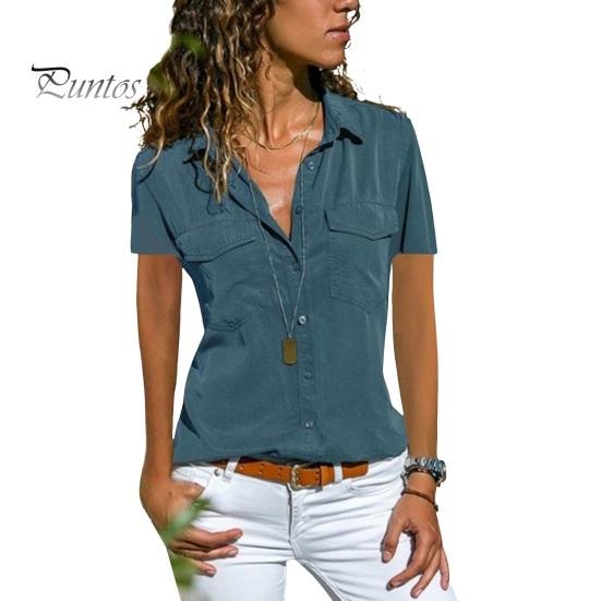 

Женская повседневная рубашка с лацканами и короткими рукавами с карманами и клапанами, однобортный однобортный облегающий офисный женский топ XL синий