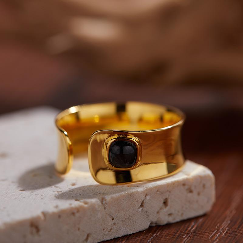

Original Design S925 Sterling Silver Inlaid With Natural Gold Luck Stone Blue Gold Color Treasure Ring Female Simple Personality Open Ring