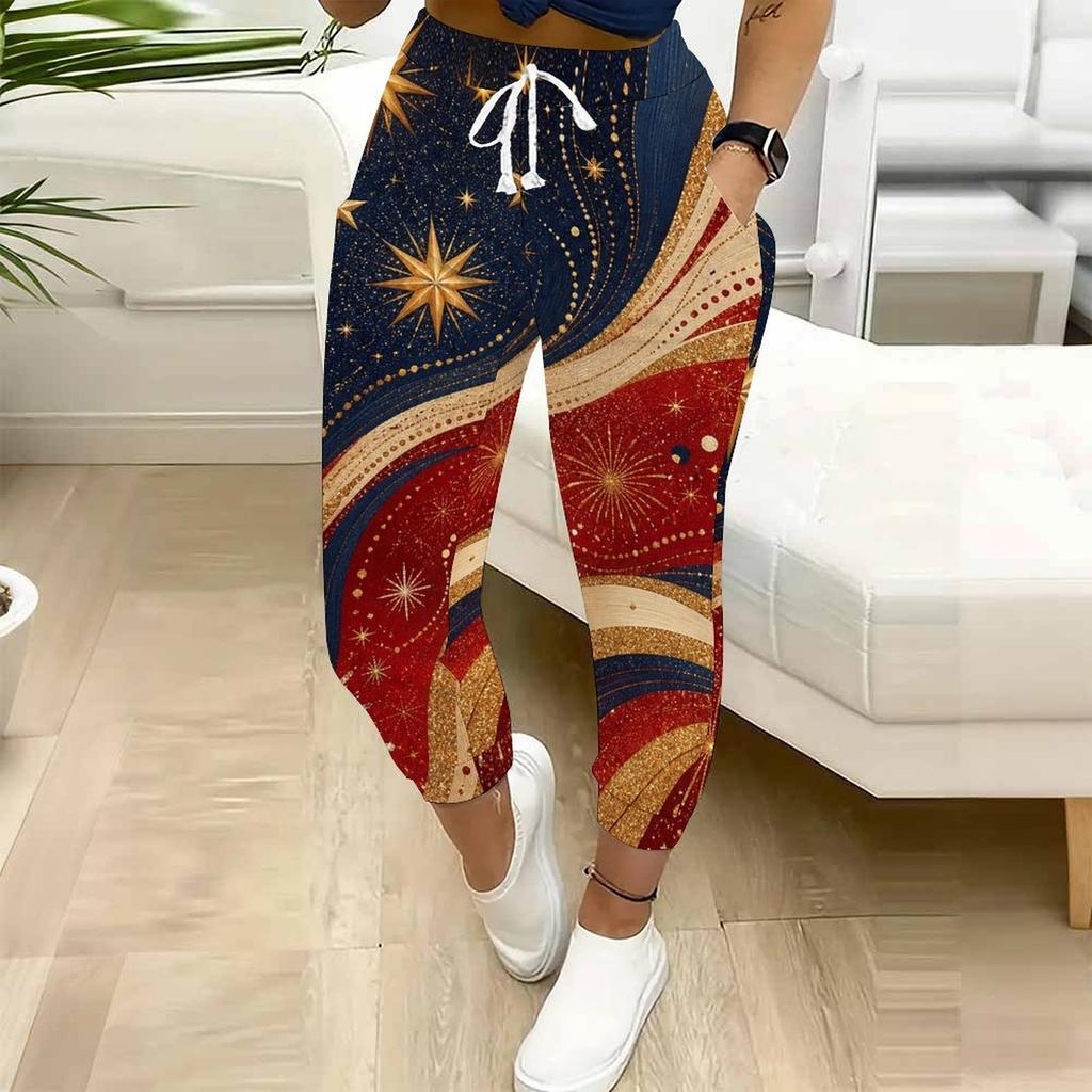 Women Plus Size Red Blue White Printed Drawstring Waist Jogger Pants Side Pockets Cuffed Ankle