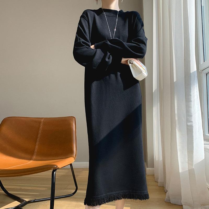 Autumn and winter new fashion knitted inner dress women's fringed semi-turtleneck sweater bottoming long dress tide