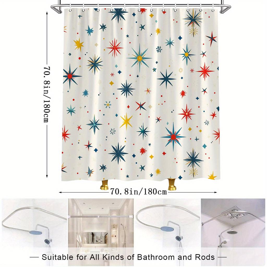 Colorful Star Pattern Shower Curtain - Mid-Century Modern, 4 Colors, Polyester, Light Beige, 12 Hooks, 70.8x70.8 Inches