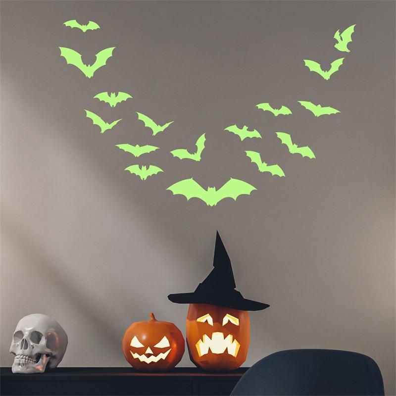 Funny Bat Fluorescence Wall Decal Cartoon PVC Halloween Luminous Stickers Waterproof Cute Night Glow Bat Decal Cartoon