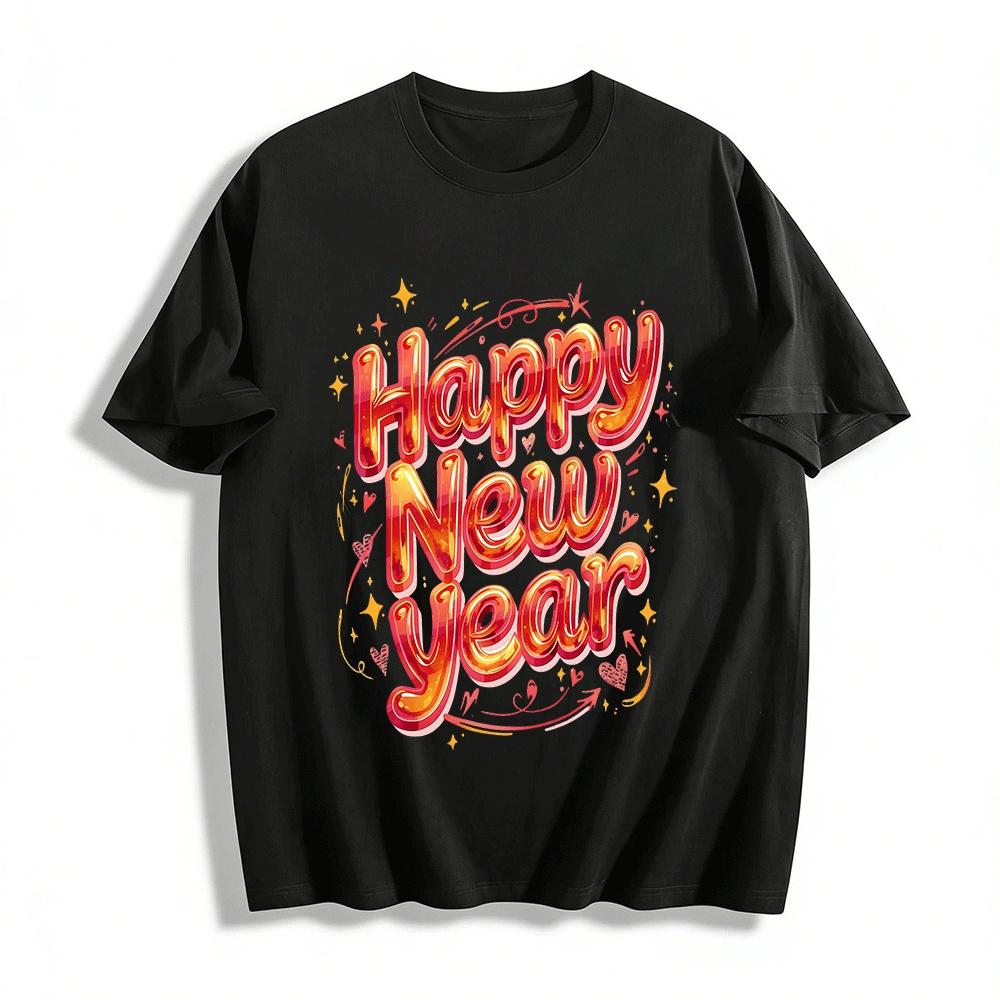 

Happy New Year Shiny Print Casual Top Pure cotton T-shirt 6XL