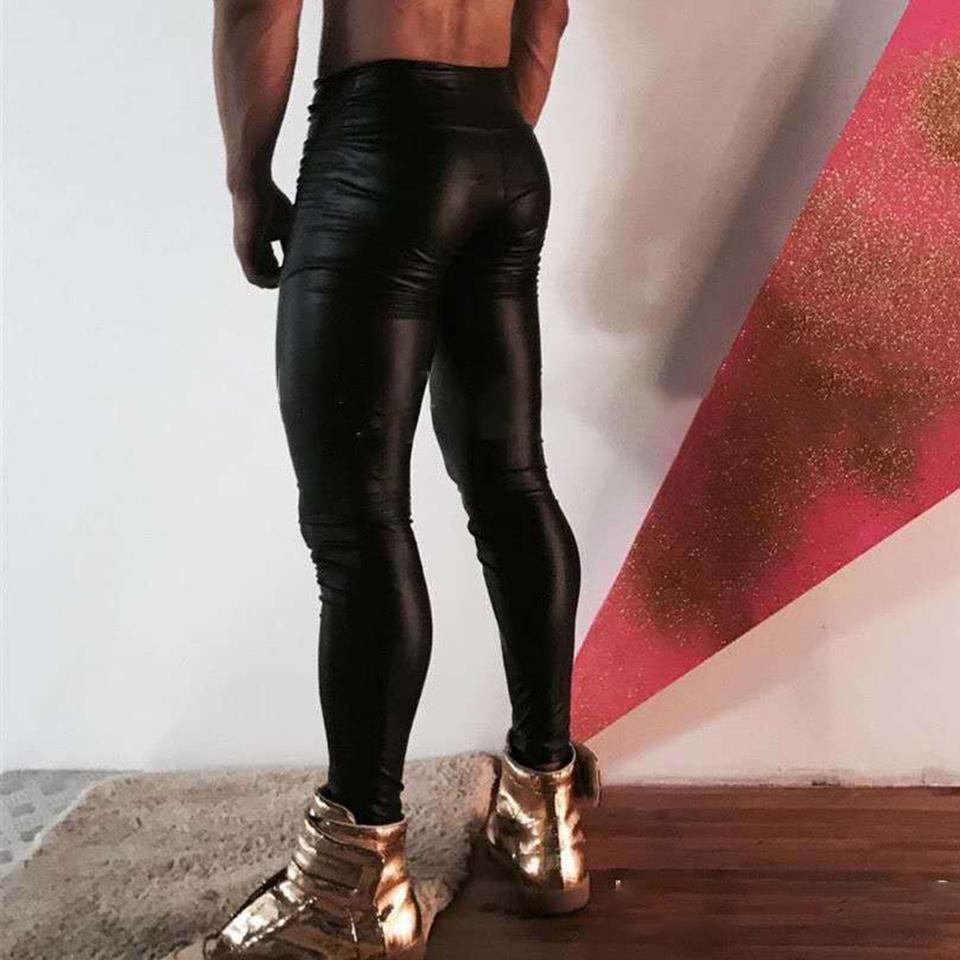 Men's PU Leather Legging Wet Soft Skinny Pouch Solid Color Pants Seamless Seamless Comfortable Trousers