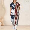 Women Plus Size Patriotic Eagle And Stripe Print Scrub Set Short Sleeve V Neck Top And Wide Long Pants Medical Uniform