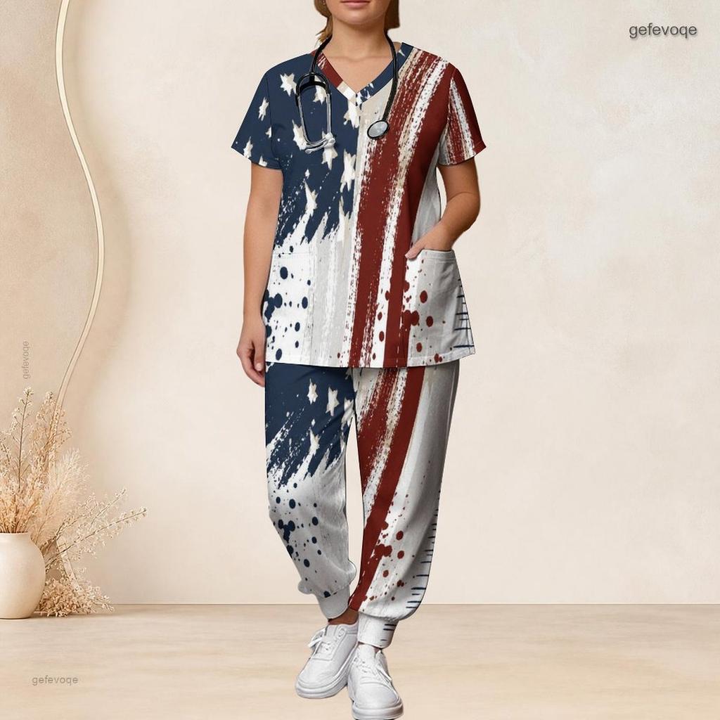 Women Plus Size Patriotic Eagle And Stripe Print Scrub Set Short Sleeve V Neck Top And Wide Long Pants Medical Uniform