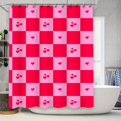 Pink Red Love Heart Checkered Shower Curtain Home Bathroom Decor Waterproof Plastic Rod Pocket 72 X 84 Inches (183cm*213cm) Free