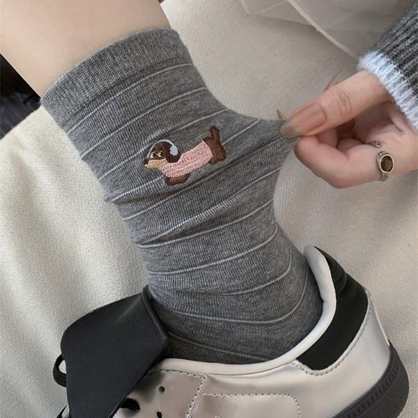 Embroidered Dachshund Mid-calf Thin Cotton Socks Fine-striped Dachshund Basic Versatile Cotton Socks