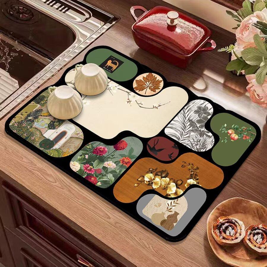 Vintage Kitchen Countertop Draining Mat Tableware Mat Non-Slip Mat Microwave Oven Top Mat Placemat Heat Insulation Mat