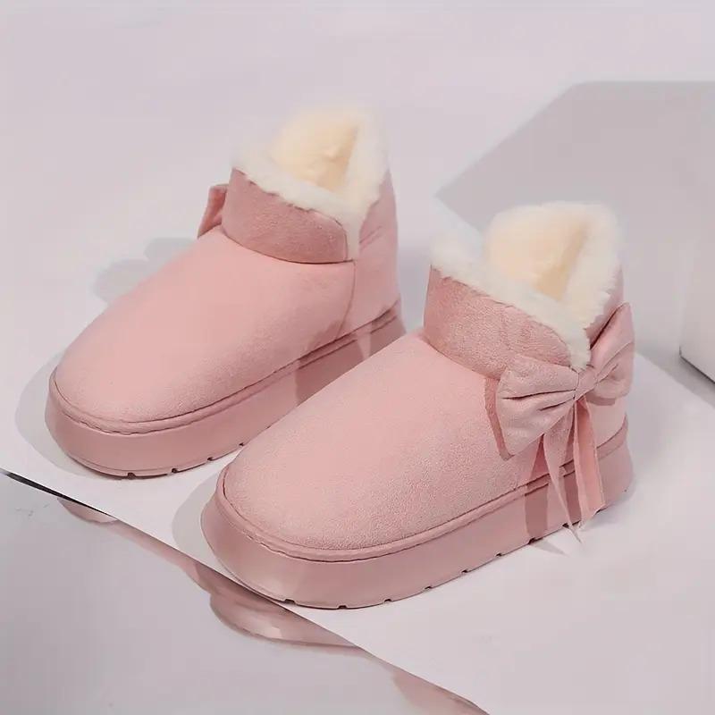 Cozy Plush-Lined Winter Snow Boots for Men and Women - Elegant Bow Detail, Soft Sole, Indoor/Outdoor Fashion Slippers