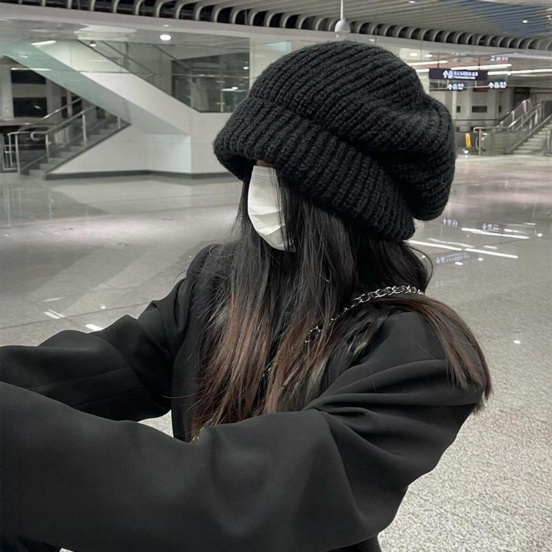 Big Head Circumference Black Cold Hat Children's Season Versatile Confinement Warm Knitted Wool Hat Large Size Stacking Pullover Hat
