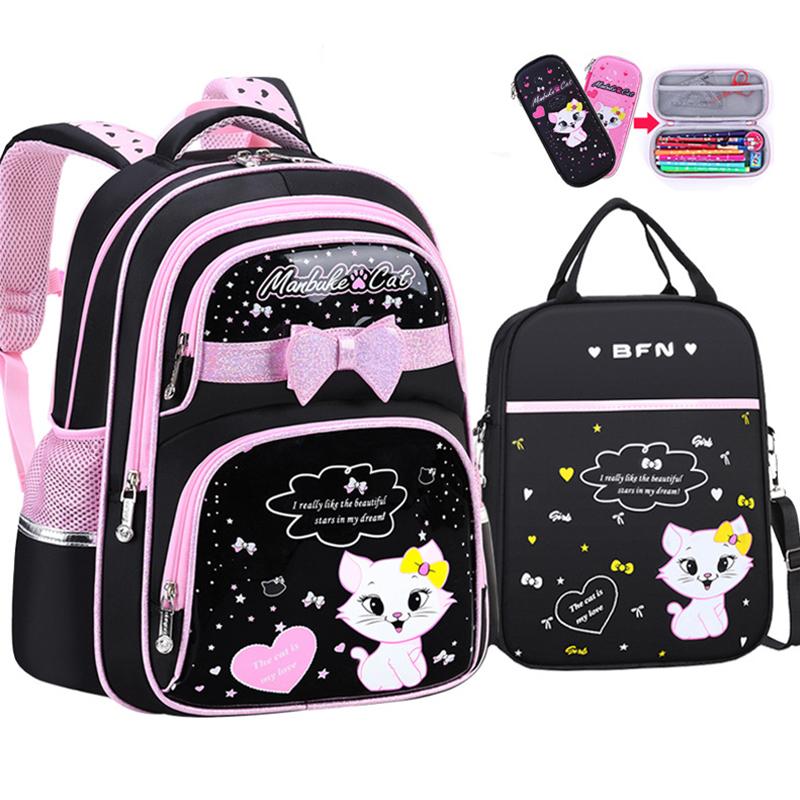 New Korean Primary PU leather School Bag 2020 Fashion Cute Girls With Cute Cat Orthopaedic Waterproof Backpack