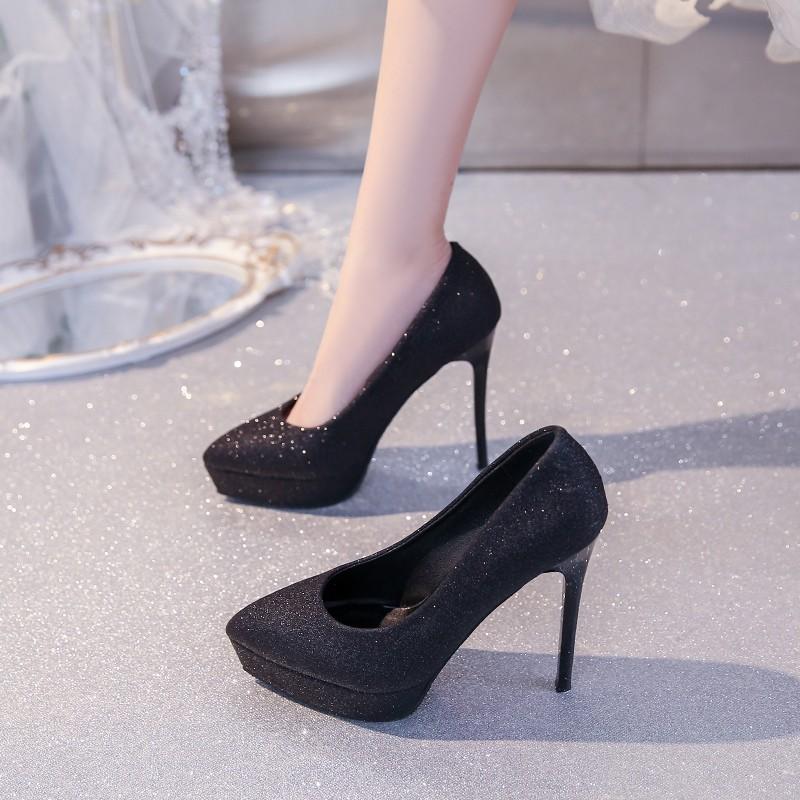 Fashion 12cm Ultra-high Heel Single Shoes for Women, New Style of Petite Pointed-toe Thin-heeled Waterproof Platform Sexy High Heels