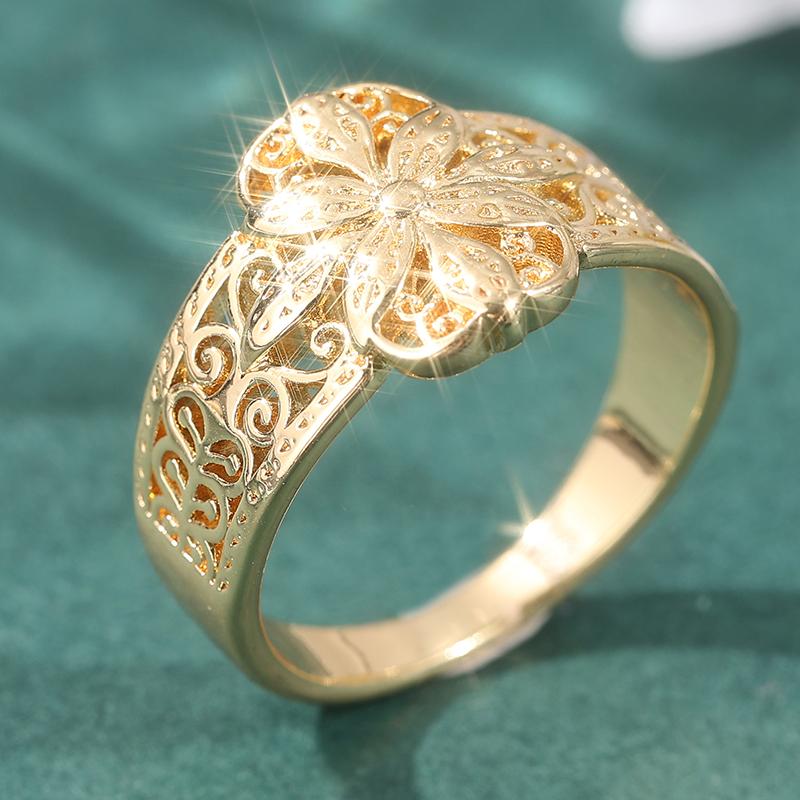 Sparkling Micro Pvae CZ Flower Women's Ring Trendy Gold Color Hollow Daily Wear Party Jewelry Anniversary Gift