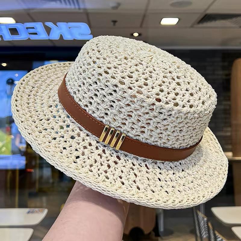 Lightweight Breathable Straw Boater Hat Hollow Out Leather Trim UV Protection Cap for Beach Travel Summer Outdoor Use