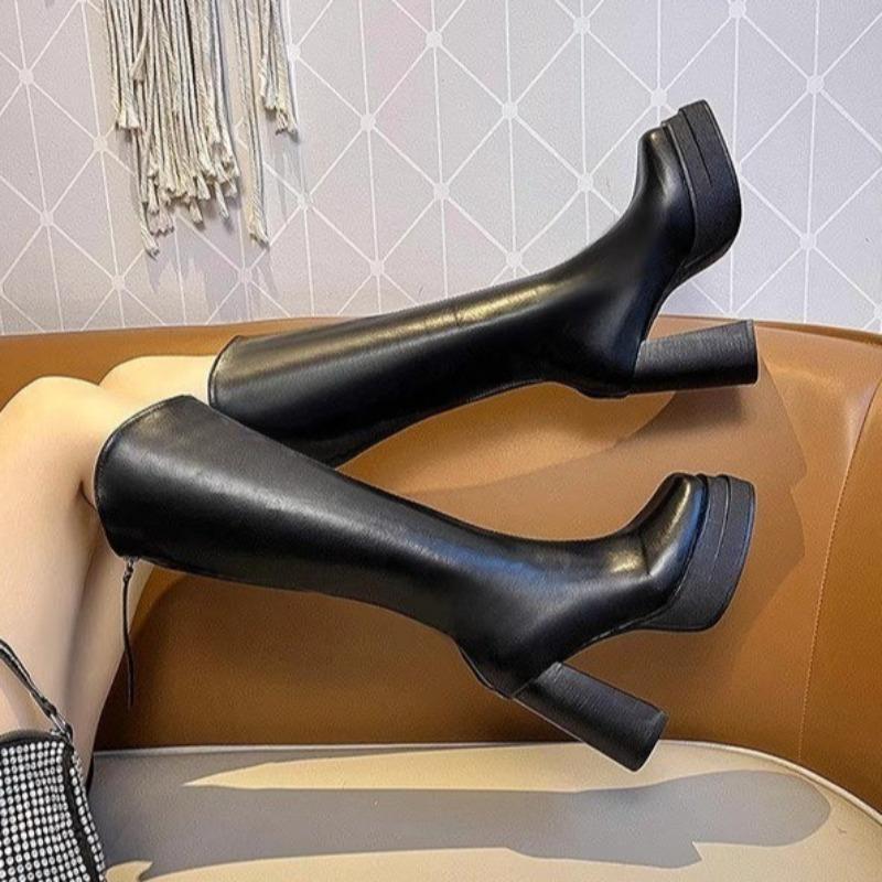 Back Zip Block Heel Thigh Boots Fashion Square Toe Platform Anti-Slip Wear-Resistant Knight Boots