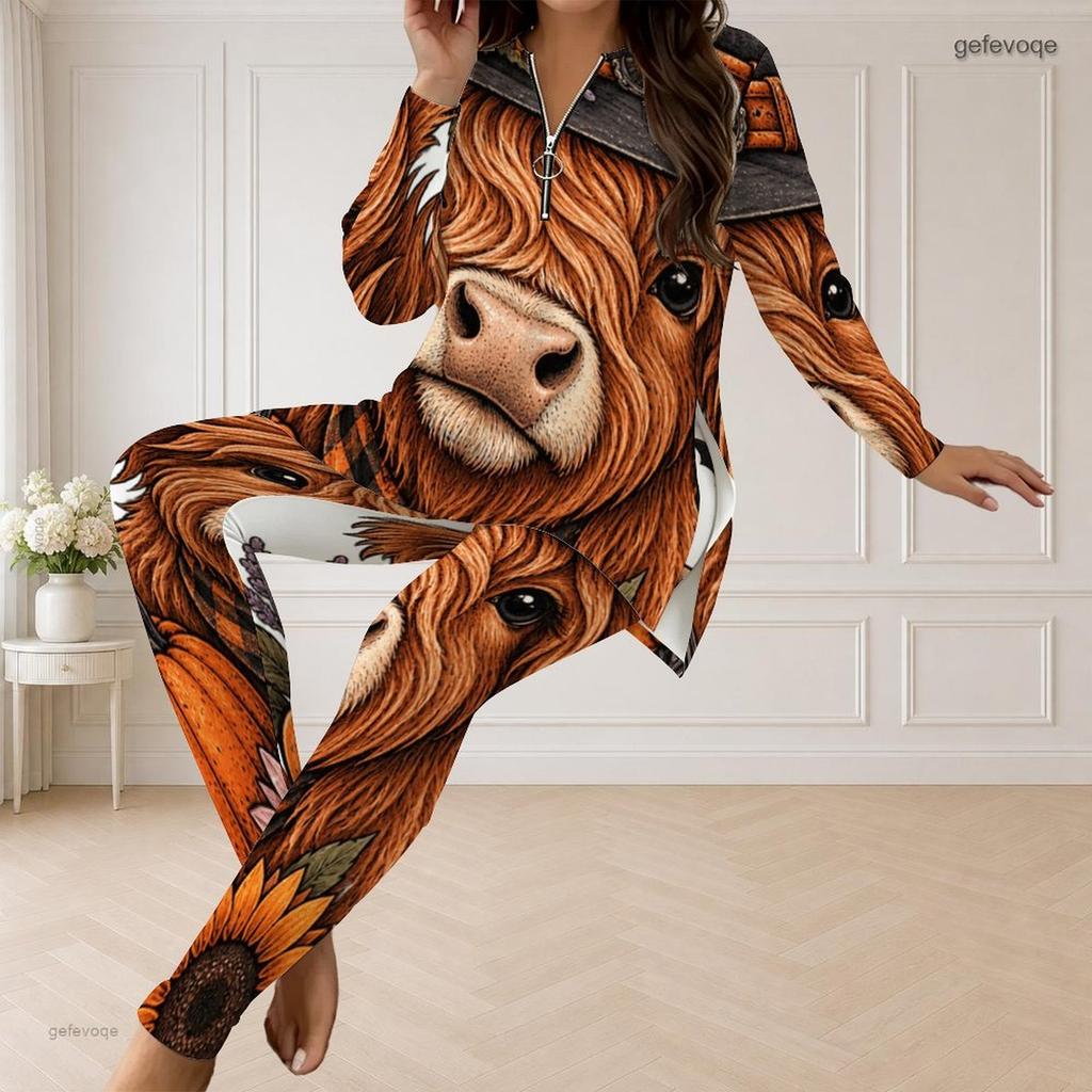 Women Plus Size Fall Pumpkin Printed Front Zip Long Sleeve Longline Top Fitted Pants Two Piece Set