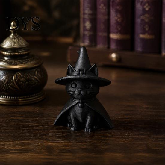 Small Sculpture for Study Room Gothic Witch Hat Black Cat Figurine, 3D Printed Wizard Cloak Kitten Versatile Soft Furnishing Statue, Spooky