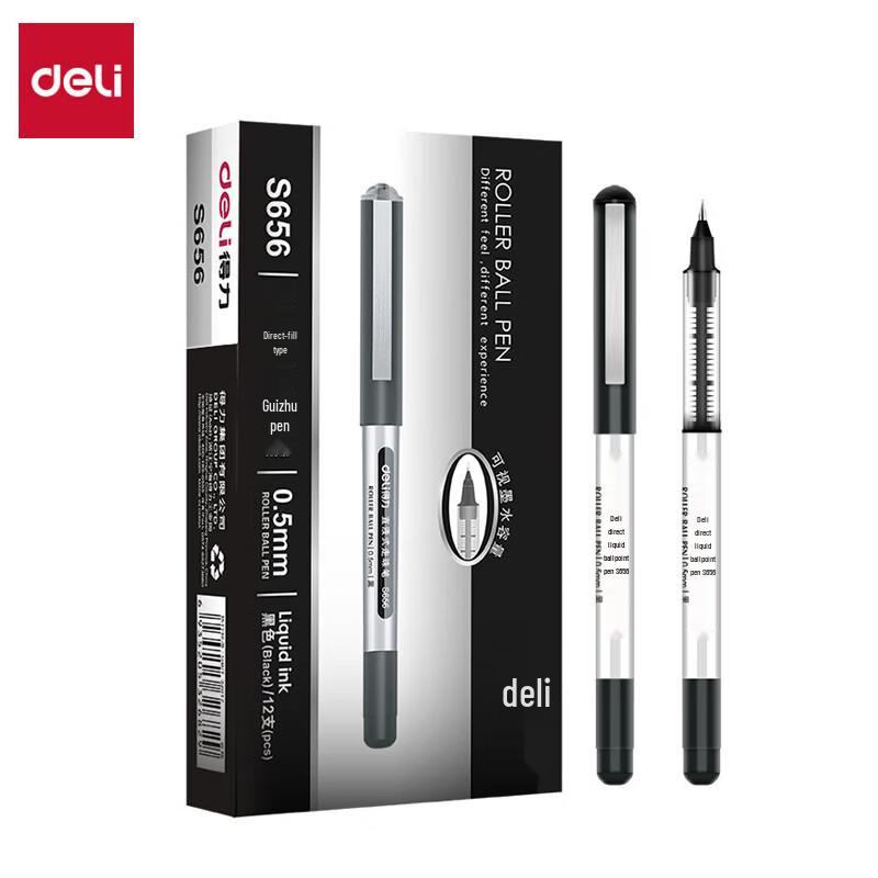 Deli S656 0.5mm Black Bullet Tip Direct Liquid Gel Pens, 12-Pack