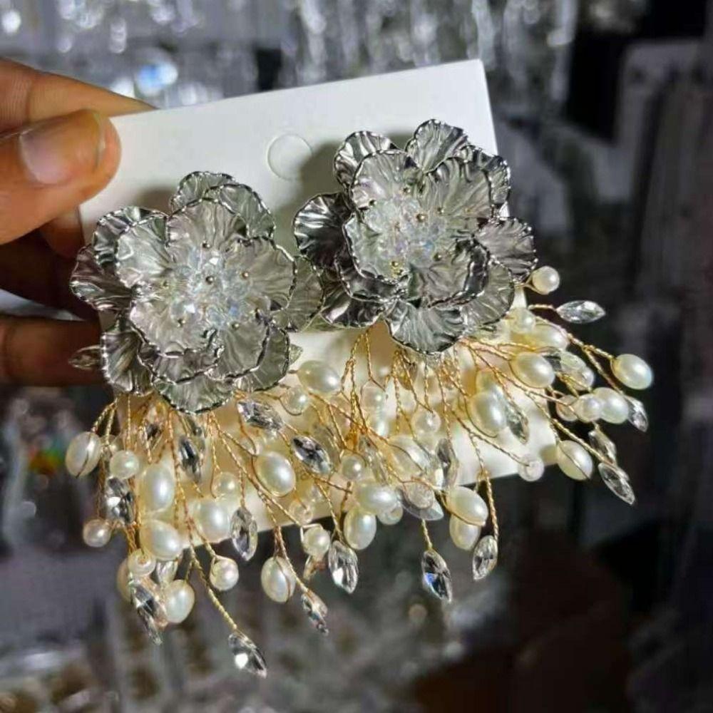 Sparkling Exaggerated Ear Studs Women's Accessories Beaded Peal Earrings Flower Earrings  Party
