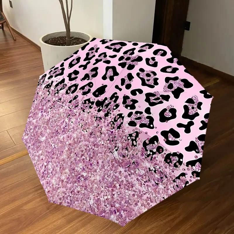 1 Stück Leopardendruck Glitzer-Regenschirm - 9 Speichen verstärkt, Automatisches Öffnen, Leicht & Langlebig, Niedliches Modeaccessoire für Draußen - P0769