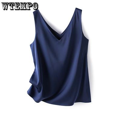 Office Lady Silk Satin V-neck Vests Women's Solid Casual Sleeveless Pullover Vests Backless Bottoming Shirts