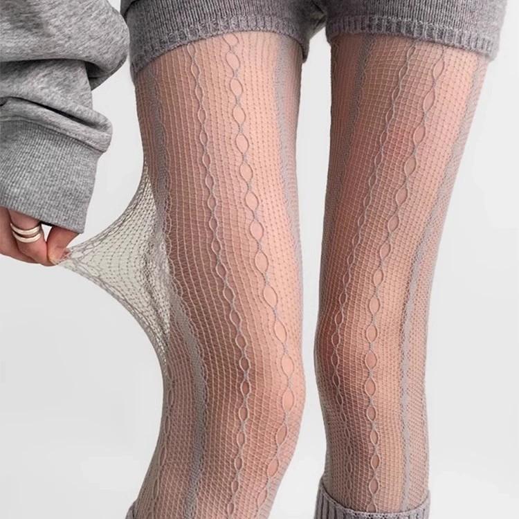 Jacquard Vertical Twist Fishnet Socks Mesh Sexy Retro Beautiful Legs Vertical Stripe Mesh Brown Pantyhose